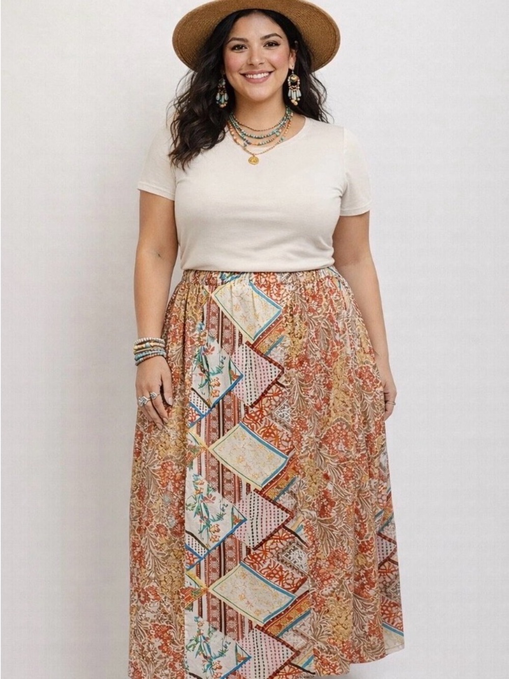 Cato Women's Maxi Skirt Size Large Boho Patchwork Paisley Floral Elastic Waist